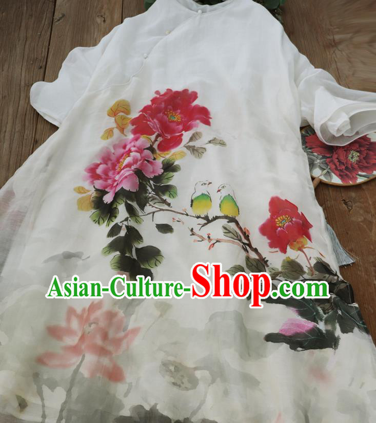 Chinese Slant Opening Cheongsam National Woman Costume Traditional Printing Peony Lotus White Qipao Dress