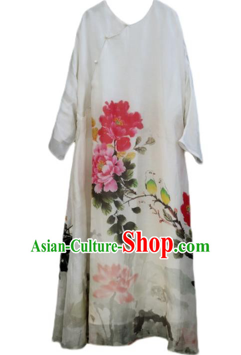Chinese Slant Opening Cheongsam National Woman Costume Traditional Printing Peony Lotus White Qipao Dress