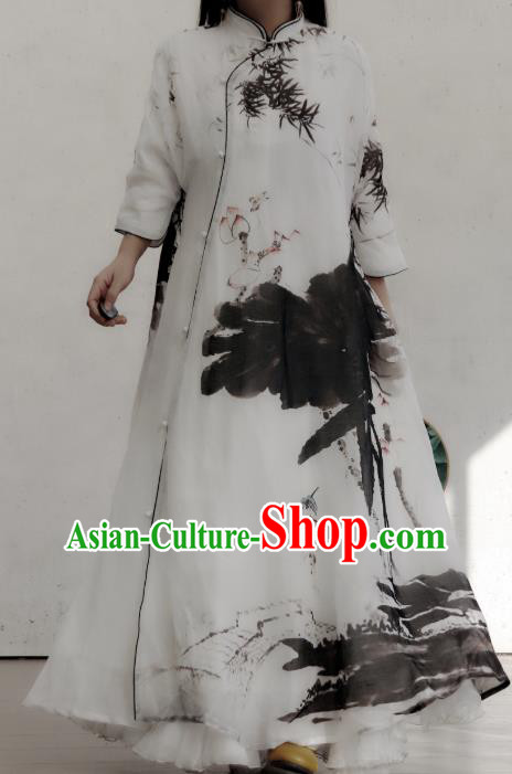 Chinese Traditional White Stand Collar Qipao Dress Ink Painting Lotus Cheongsam National Woman Costume