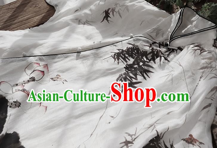 Chinese Traditional White Stand Collar Qipao Dress Ink Painting Lotus Cheongsam National Woman Costume