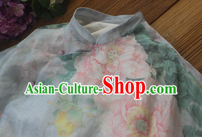 Chinese National Woman Costume Traditional Stand Collar Qipao Dress Printing Peony Blue Cheongsam