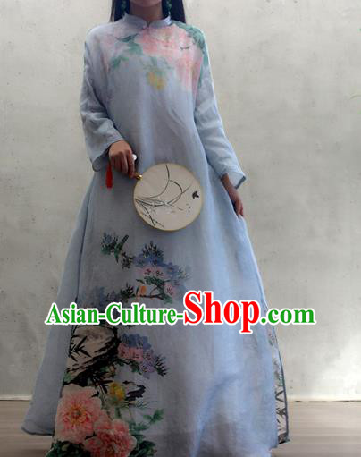 Chinese National Woman Costume Traditional Stand Collar Qipao Dress Printing Peony Blue Cheongsam