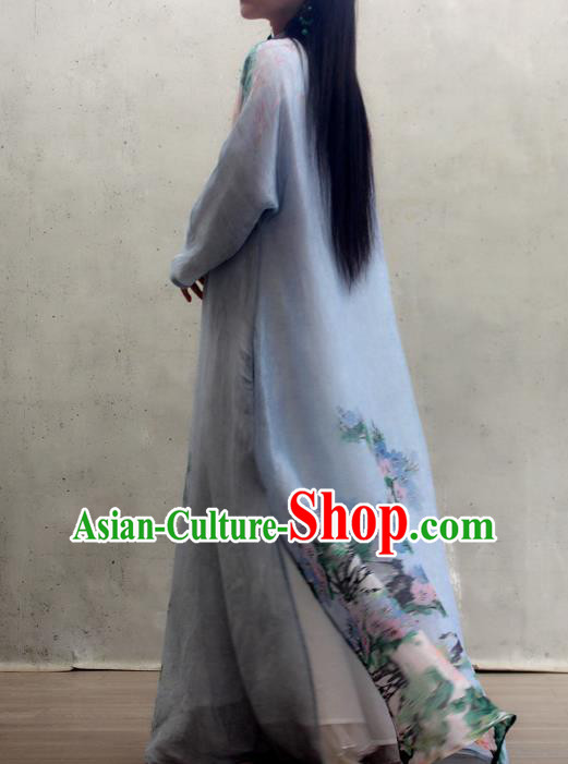 Chinese National Woman Costume Traditional Stand Collar Qipao Dress Printing Peony Blue Cheongsam