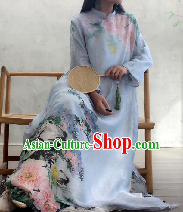 Chinese National Woman Costume Traditional Stand Collar Qipao Dress Printing Peony Blue Cheongsam