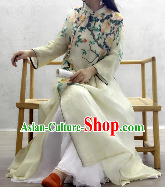 Chinese National Printing Flowers Yellow Cheongsam Woman Costume Traditional Stand Collar Qipao Dress