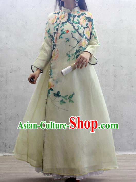 Chinese National Printing Flowers Yellow Cheongsam Woman Costume Traditional Stand Collar Qipao Dress