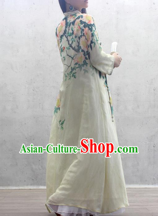 Chinese National Printing Flowers Yellow Cheongsam Woman Costume Traditional Stand Collar Qipao Dress