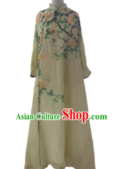 Chinese National Printing Flowers Yellow Cheongsam Woman Costume Traditional Stand Collar Qipao Dress