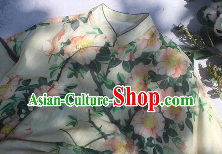 Chinese National Printing Flowers Yellow Cheongsam Woman Costume Traditional Stand Collar Qipao Dress