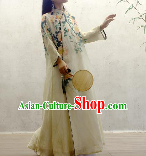 Chinese National Printing Flowers Yellow Cheongsam Woman Costume Traditional Stand Collar Qipao Dress