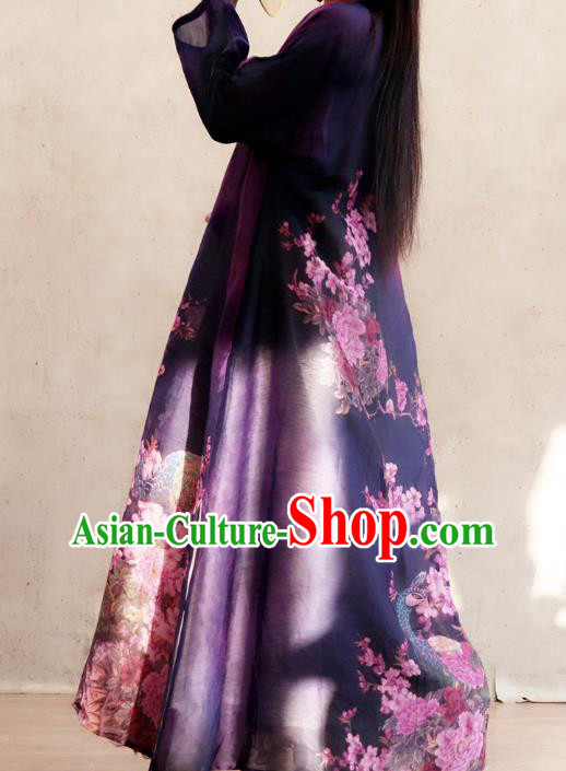 Chinese Traditional Slant Opening Qipao Dress National Printing Peacock Peony Purple Cheongsam Woman Costume