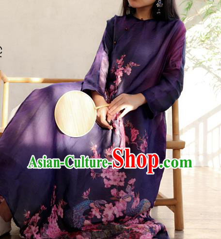 Chinese Traditional Slant Opening Qipao Dress National Printing Peacock Peony Purple Cheongsam Woman Costume