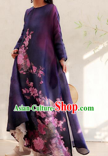 Chinese Traditional Slant Opening Qipao Dress National Printing Peacock Peony Purple Cheongsam Woman Costume