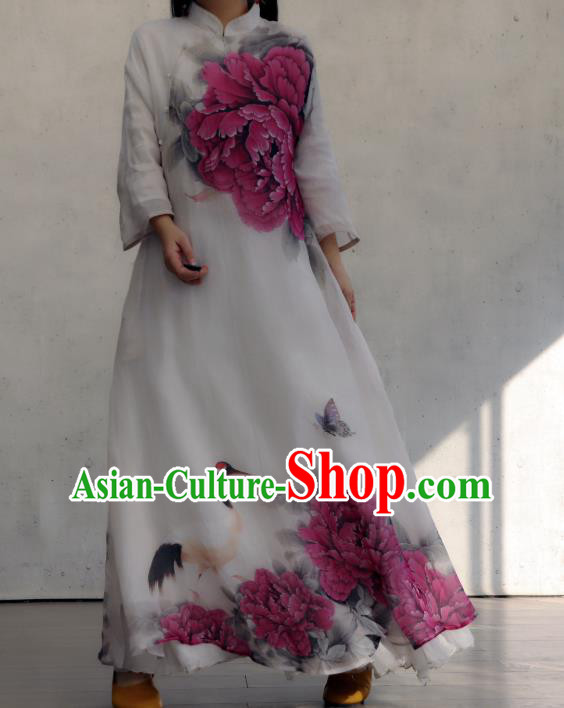 Chinese Traditional Woman Costume Stand Collar Qipao Dress National Printing Purple Peony Cheongsam
