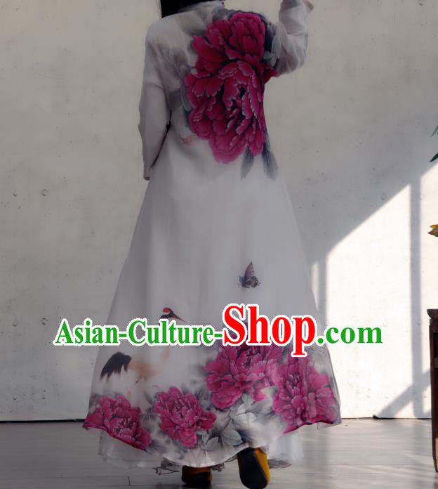 Chinese Traditional Woman Costume Stand Collar Qipao Dress National Printing Purple Peony Cheongsam