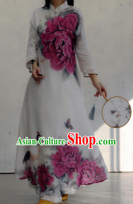 Chinese Traditional Woman Costume Stand Collar Qipao Dress National Printing Purple Peony Cheongsam