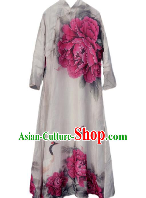 Chinese Traditional Woman Costume Stand Collar Qipao Dress National Printing Purple Peony Cheongsam