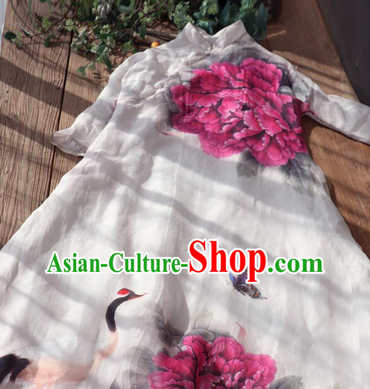 Chinese Traditional Woman Costume Stand Collar Qipao Dress National Printing Purple Peony Cheongsam