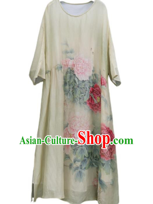 Chinese National Printing Peony Light Yellow Cheongsam Traditional Woman Costume Slant Opening Qipao Dress
