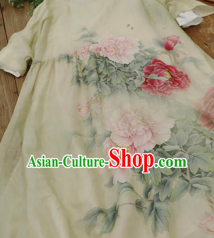 Chinese National Printing Peony Light Yellow Cheongsam Traditional Woman Costume Slant Opening Qipao Dress