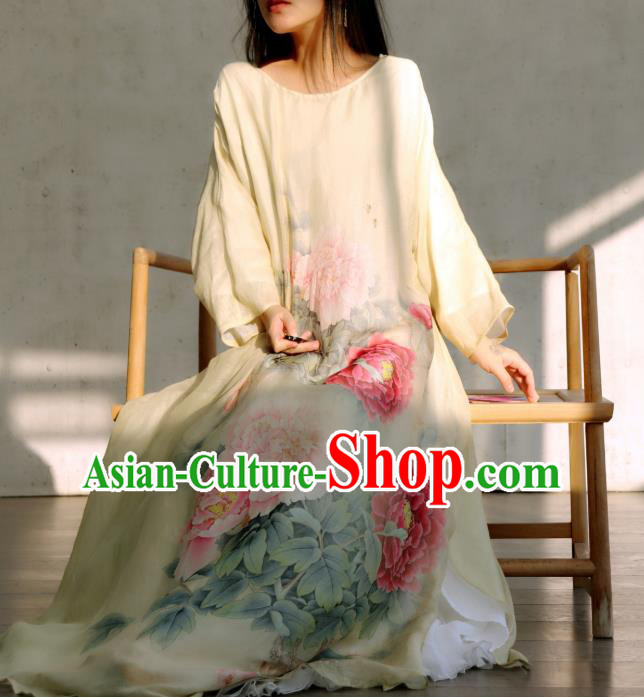 Chinese National Printing Peony Light Yellow Cheongsam Traditional Woman Costume Slant Opening Qipao Dress