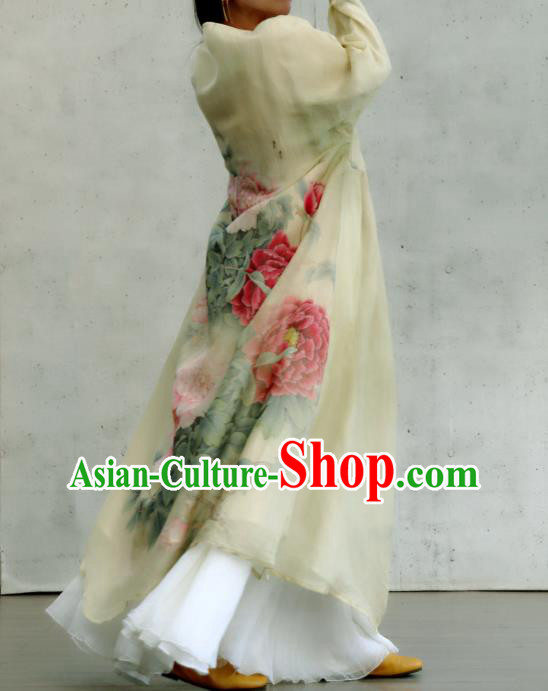 Chinese National Printing Peony Light Yellow Cheongsam Traditional Woman Costume Slant Opening Qipao Dress