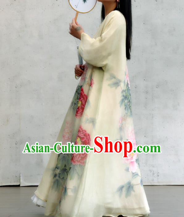 Chinese National Printing Peony Light Yellow Cheongsam Traditional Woman Costume Slant Opening Qipao Dress