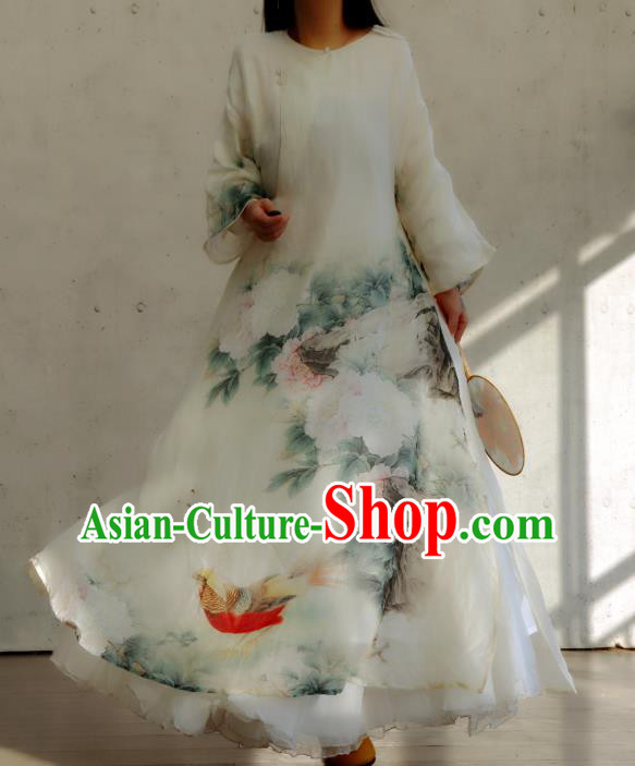 Chinese Slant Opening Qipao Dress National Printing Peony White Cheongsam Traditional Woman Costume