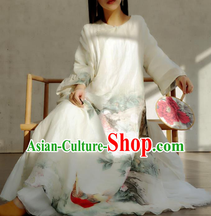 Chinese Slant Opening Qipao Dress National Printing Peony White Cheongsam Traditional Woman Costume