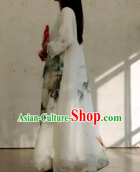 Chinese Slant Opening Qipao Dress National Printing Peony White Cheongsam Traditional Woman Costume