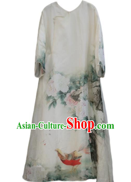 Chinese Slant Opening Qipao Dress National Printing Peony White Cheongsam Traditional Woman Costume