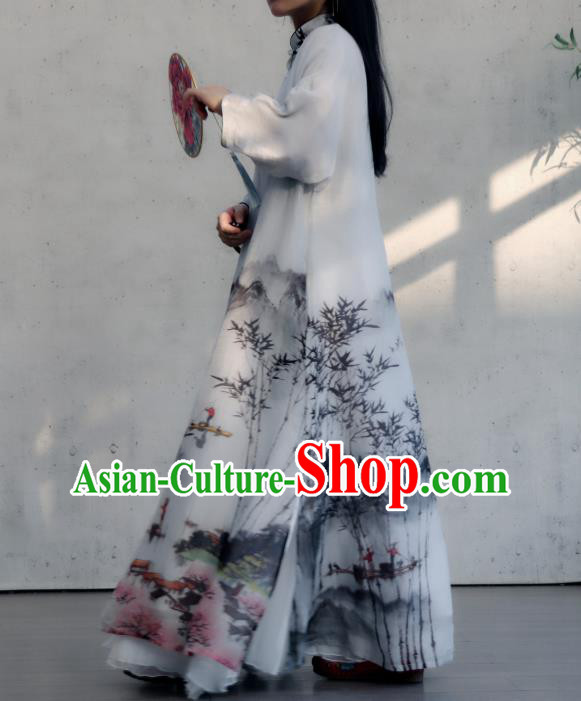 Chinese Traditional Woman Costume White Flax Qipao Dress National Ink Painting Landscape Cheongsam