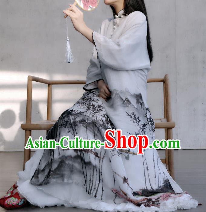 Chinese Traditional Woman Costume White Flax Qipao Dress National Ink Painting Landscape Cheongsam