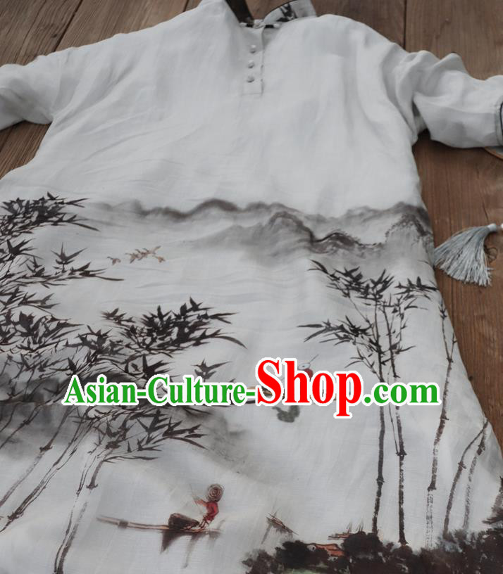 Chinese Traditional Woman Costume White Flax Qipao Dress National Ink Painting Landscape Cheongsam