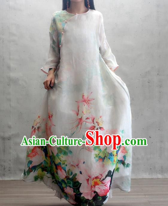 Chinese National Slant Opening Cheongsam Traditional Woman Costume Printing Peony White Qipao Dress