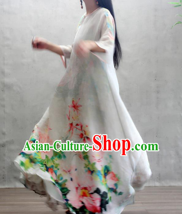 Chinese National Slant Opening Cheongsam Traditional Woman Costume Printing Peony White Qipao Dress