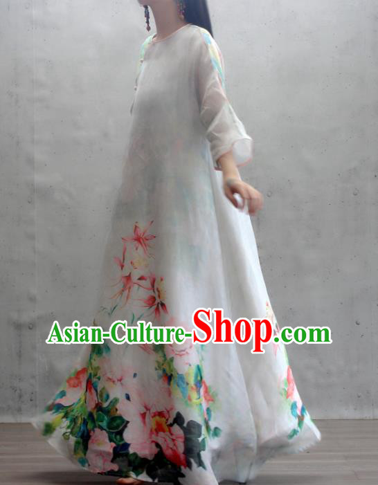 Chinese National Slant Opening Cheongsam Traditional Woman Costume Printing Peony White Qipao Dress