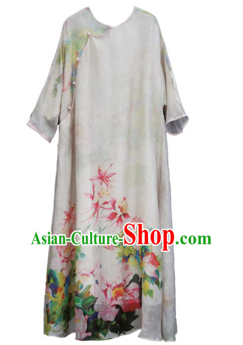 Chinese National Slant Opening Cheongsam Traditional Woman Costume Printing Peony White Qipao Dress