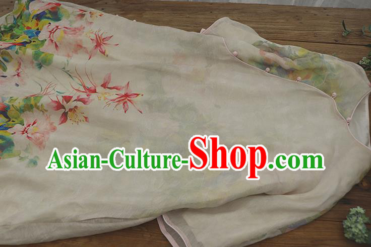 Chinese National Slant Opening Cheongsam Traditional Woman Costume Printing Peony White Qipao Dress