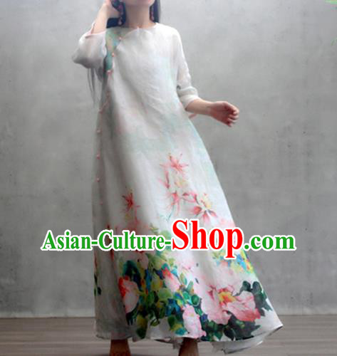 Chinese National Slant Opening Cheongsam Traditional Woman Costume Printing Peony White Qipao Dress