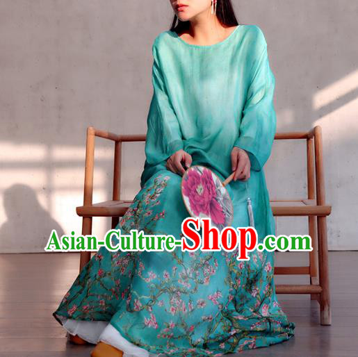 Chinese Traditional Printing Flowers Blue Qipao Dress Woman Costume National Round Collar Cheongsam
