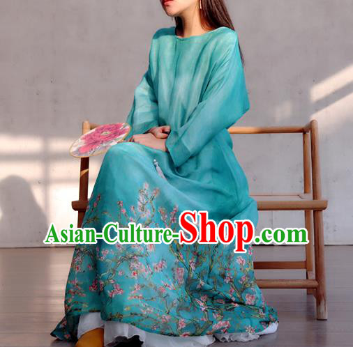 Chinese Traditional Printing Flowers Blue Qipao Dress Woman Costume National Round Collar Cheongsam