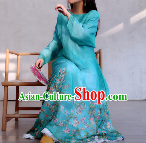 Chinese Traditional Printing Flowers Blue Qipao Dress Woman Costume National Round Collar Cheongsam