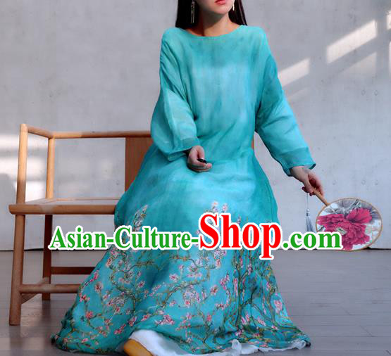 Chinese Traditional Printing Flowers Blue Qipao Dress Woman Costume National Round Collar Cheongsam