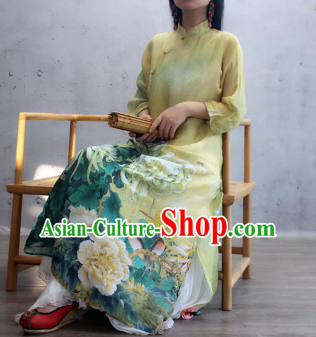Chinese Traditional Printing Chrysanthemum Qipao Dress Woman Costume National Stand Collar Yellow Cheongsam