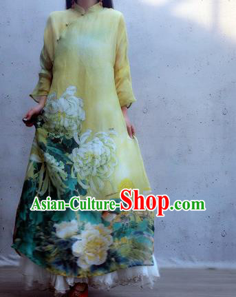 Chinese Traditional Printing Chrysanthemum Qipao Dress Woman Costume National Stand Collar Yellow Cheongsam