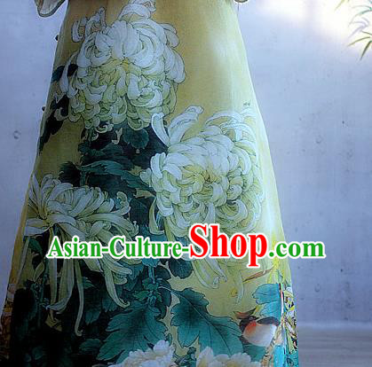 Chinese Traditional Printing Chrysanthemum Qipao Dress Woman Costume National Stand Collar Yellow Cheongsam