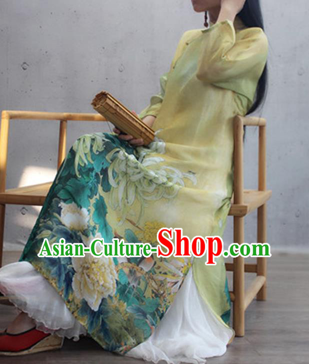 Chinese Traditional Printing Chrysanthemum Qipao Dress Woman Costume National Stand Collar Yellow Cheongsam
