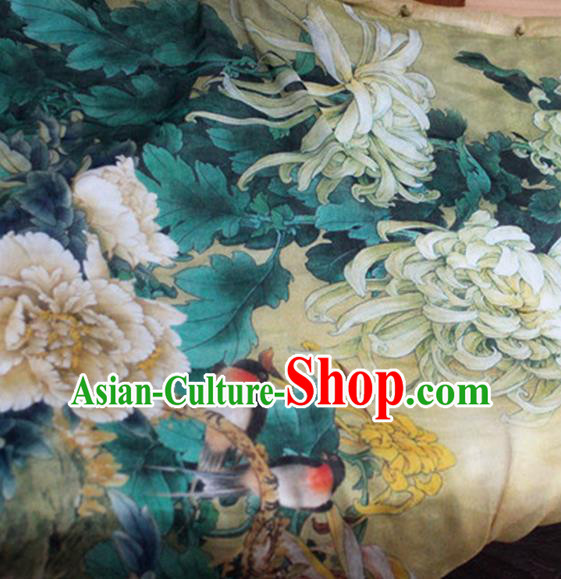 Chinese Traditional Printing Chrysanthemum Qipao Dress Woman Costume National Stand Collar Yellow Cheongsam