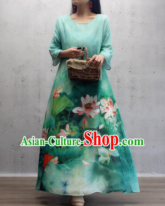 Chinese Traditional Qipao Dress Woman Costume National Printing Lotus Green Cheongsam